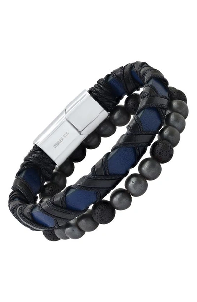 Shop Hmy Jewelry Stainless Steel Wrapped Leather & Lava Rock Beaded Bracelet Set In Silver/black/blue