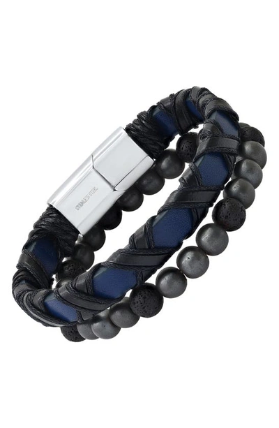Hmy Jewelry Stainless Steel Wrapped Leather & Lava Rock Beaded Bracelet Set In Silver/black/blue