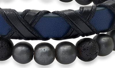 Shop Hmy Jewelry Stainless Steel Wrapped Leather & Lava Rock Beaded Bracelet Set In Silver/black/blue