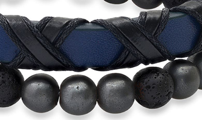 Hmy Jewelry Stainless Steel Wrapped Leather & Lava Rock Beaded Bracelet Set In Silver/black/blue