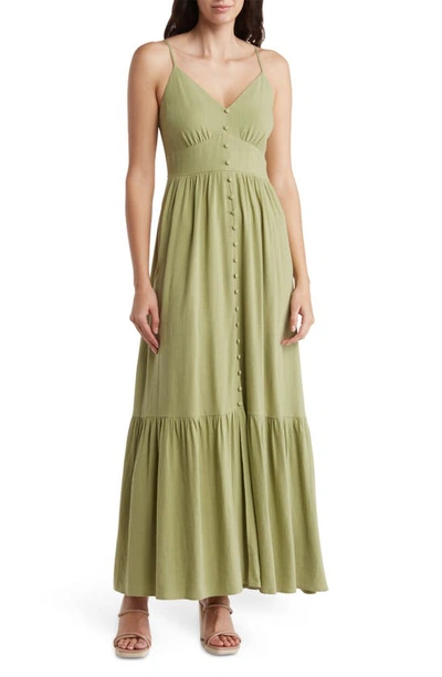 Shop August Sky Button Front Tiered Maxi Dress In Olive