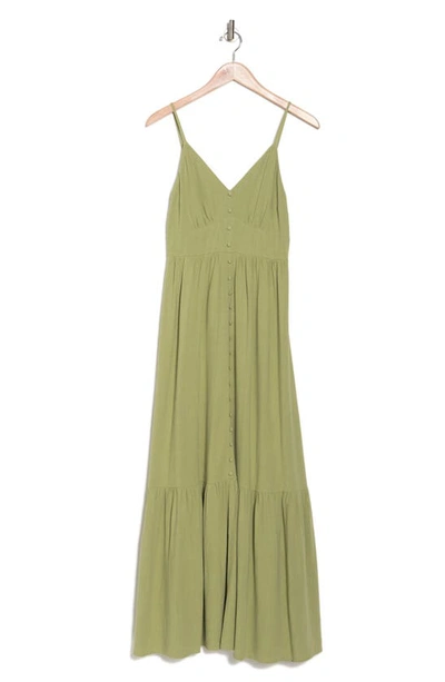 Shop August Sky Button Front Tiered Maxi Dress In Olive