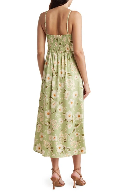 Shop August Sky Floral Sweetheart Slit Midi Dress In Light Green Multi