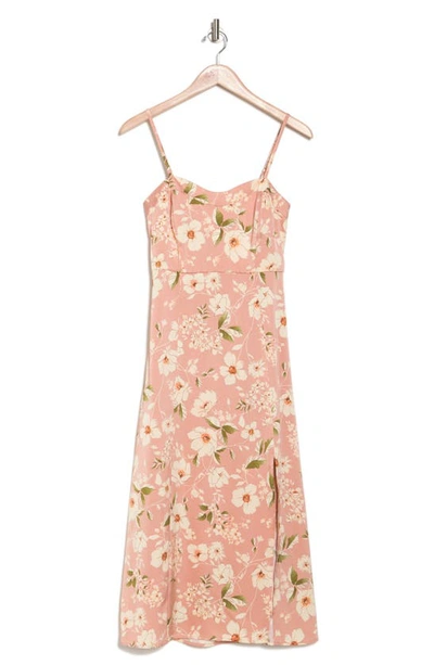 Shop August Sky Floral Sweetheart Slit Midi Dress In Dusty Rose Multi