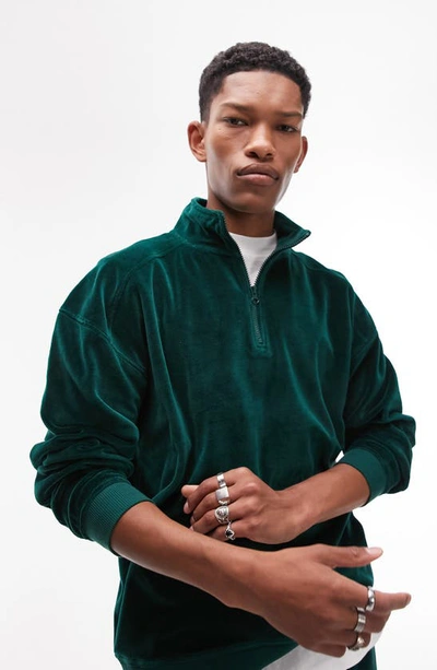 Shop Topman Oversize Velour Quarter Zip Pullover In Mid Green