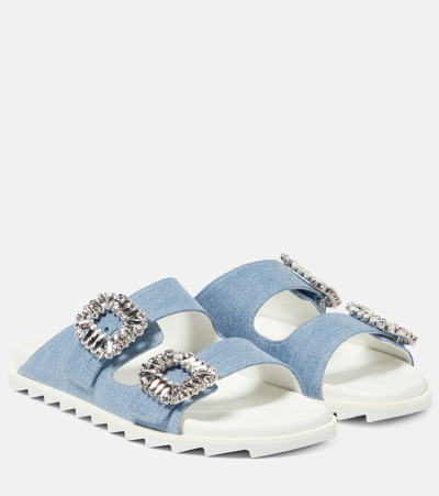 Shop Roger Vivier Slidy Viv' Embellished Denim Sandals In Blue