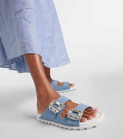 Shop Roger Vivier Slidy Viv' Embellished Denim Sandals In Blue