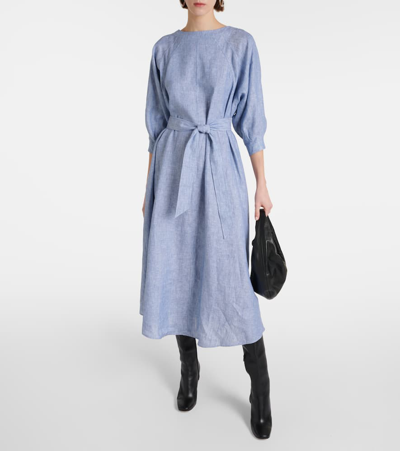 Shop Loro Piana Mina Linen Midi Dress In Blue