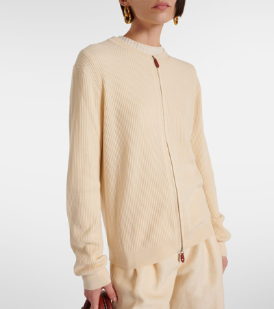 Loro Piana Leather-trimmed Cashmere And Silk Cardigan In Beige