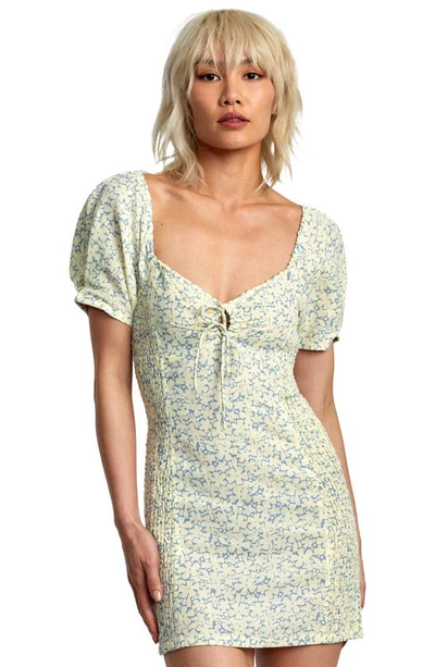 Shop Rvca Gretel Floral Puff Sleeve Cotton Minidress In Lemon