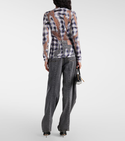 Y/project Grey Semi-sheer Checked T-shirt In Blue
