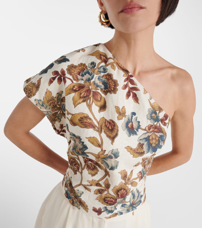 Shop Sir Eleanora Floral One-shoulder Linen Crop Top In Multicoloured