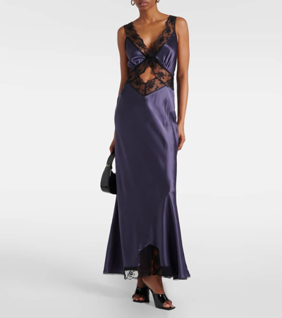 Sir Aries Lace-trimmed Silk Satin Gown In Blue