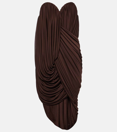 Shop Loewe Pleated Crêpe Jersey Bustier Dress In Brown