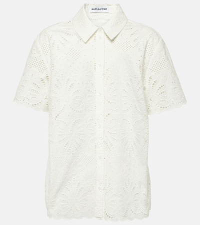 Shop Self-portrait Embroidered Cotton Shirt In White
