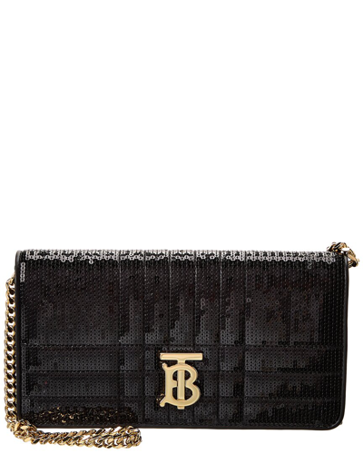 Shop Burberry Lola Sequin Leather Wallet On Chain In Black