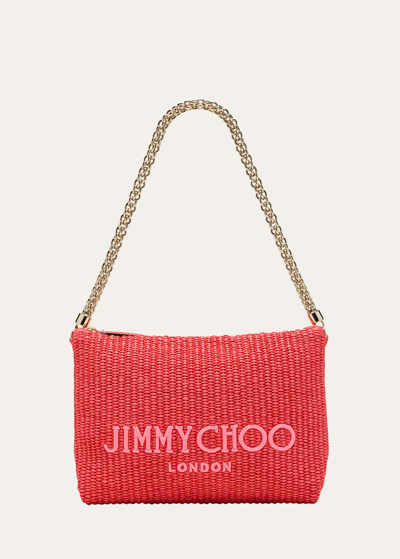 Shop Jimmy Choo Callie Logo Raffia Shoulder Bag In Natural Latte