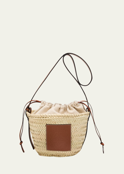 Shop Loewe X Paula's Ibiza Basket Bucket Bag In Palm Leaf With Drawstring Pouch And Leather Strap In Natural/tan