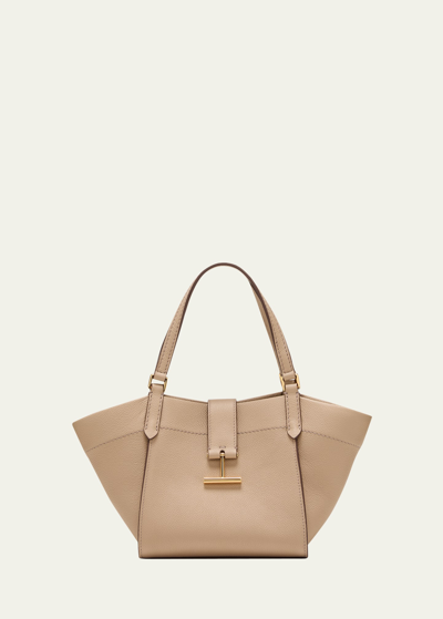 Shop Tom Ford Tara Small Tote In Grained Leather In Silk Taupe