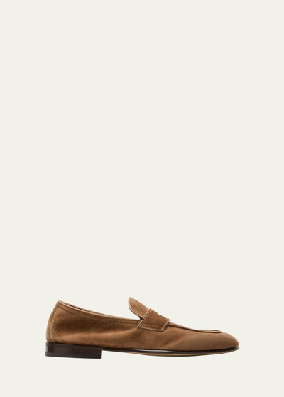 Shop Brunello Cucinelli Men's Suede Penny Loafers In Brown