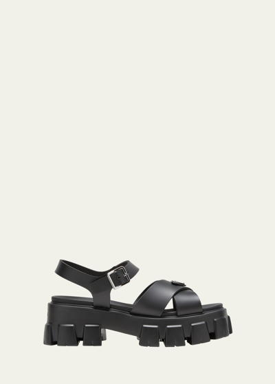 Shop Prada Monolith Crisscross Ankle-strap Chunky Sandals In Nero