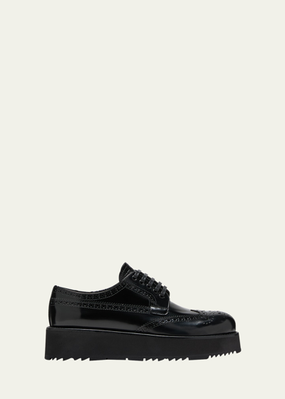 Shop Prada Leather Lace-up Oxford Flatform Loafers In Nero