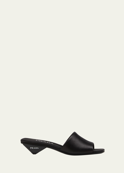 Shop Prada Satin Triangle-heel Slide Sandals In Nero