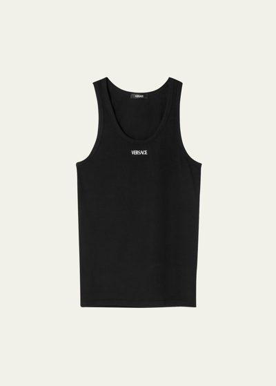 Shop Versace Men's Embroidered Logo Tank Top In Black