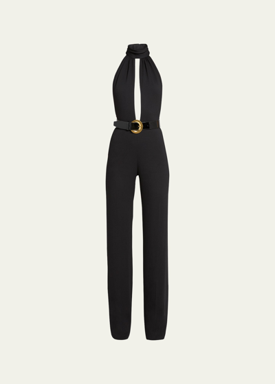 Shop Tom Ford Stretch Sable Belted Halter Jumpsuit In Black