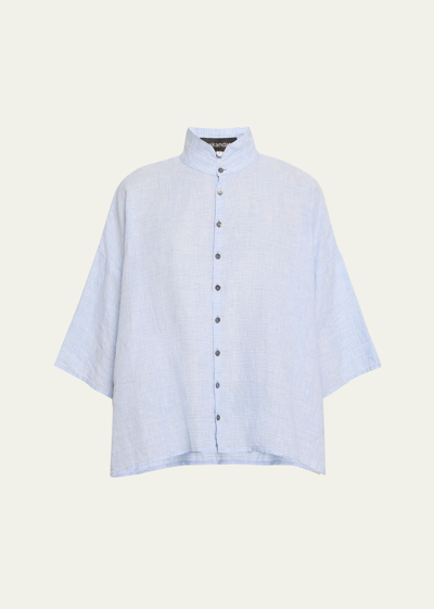 Shop Eskandar Gingham Wide A-line Double Stand Collar Shirt (mid Length) In Sky Blue