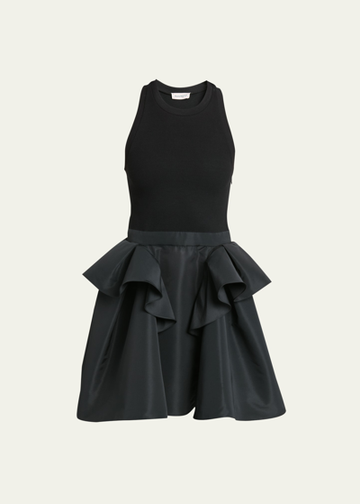Shop Alexander Mcqueen Knit Tank Mini Dress With Faille Peplum Skirt In Black