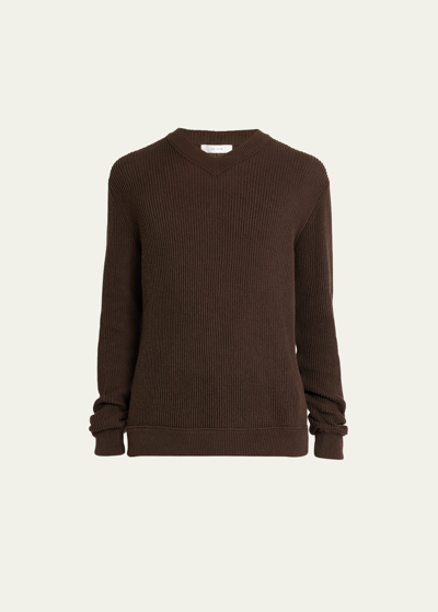 Shop The Row Men's Ribbed V-neck Sweater In Brown