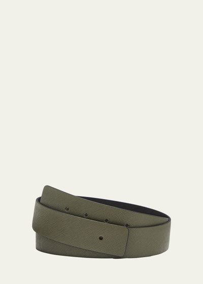 Shop Prada Men's Reversible Saffiano Leather Belt Strap In F03rh Loden/nero