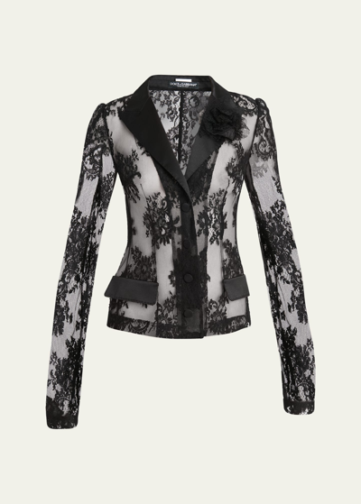 Shop Dolce & Gabbana Pizzo Chantilly Lace Blazer Jacket In Black