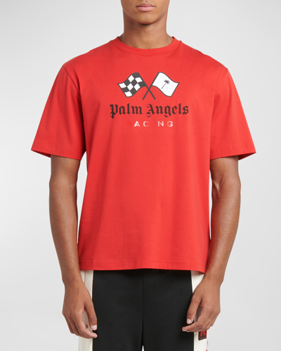 Shop Palm Angels Men's Racing Logo T-shirt In Red Black