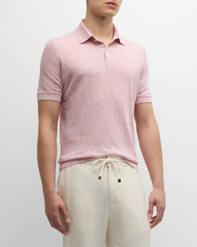 Shop Brunello Cucinelli Men's Cotton-linen Polo Shirt In Pink
