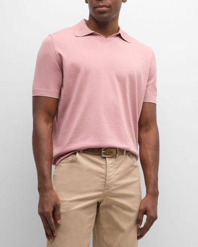 Shop Brunello Cucinelli Men's Cotton Knit Johnny Collar Polo Shirt In Pink