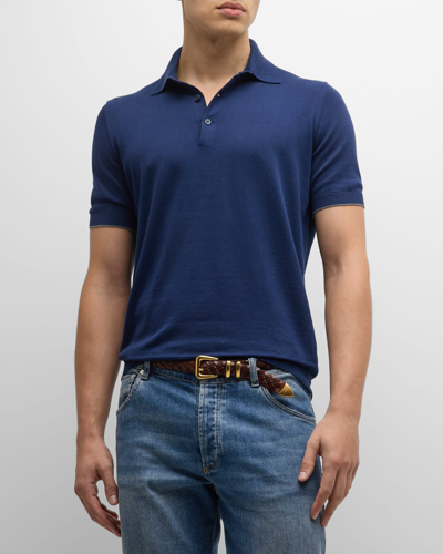 Shop Brunello Cucinelli Men's Cotton Knit Polo Shirt In Blue
