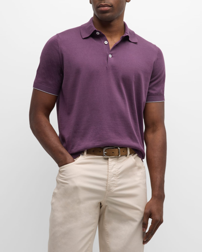Shop Brunello Cucinelli Men's Cotton Knit Polo Shirt In Purple/grey