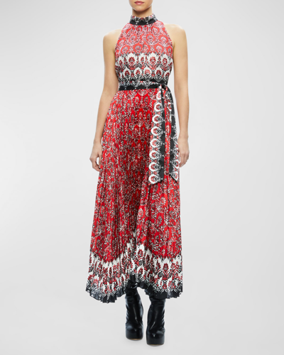 Shop Alice And Olivia Mertie Mock-neck Pleated Tie Maxi Dress In Allure Medallion