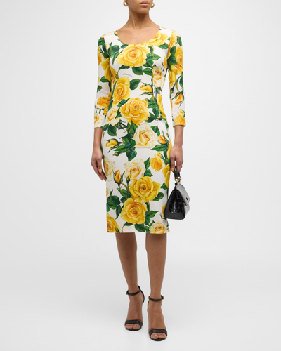 Shop Dolce & Gabbana Yellow Rose-print Scoop-neck 3/4-sleeve Charmeuse Midi Dress In Whtprtyell