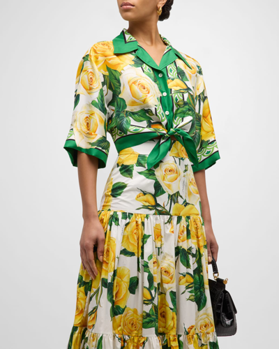 Shop Dolce & Gabbana Yellow Rose-print Knot-hem Crop Camp Shirt In White Prt