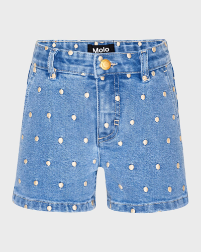 Shop Molo Girl's Alvira Rose Gold Dotted Denim Shorts In Rose Dot