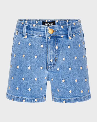 Shop Molo Girl's Alvira Rose Gold Dotted Denim Shorts In Rose Dot