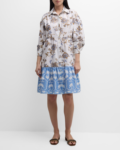Shop Eleventy Floral-print Blouson-sleeve Midi Shirtdress In Baby Blue