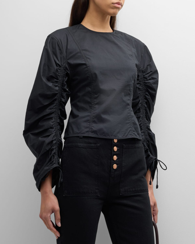 Shop Ulla Johnson Lorna Ruched Puff-sleeve Cotton Poplin Blouse In Noir