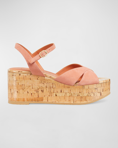 Shop Stuart Weitzman Carmen Suede Slingback Wedge Sandals In Terracotta.