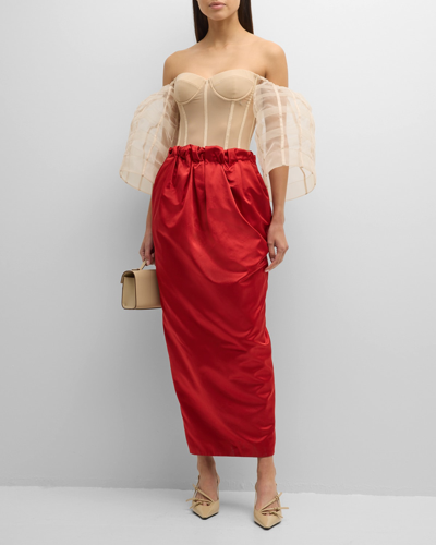 Shop Hellessy Emma Off-the-shoulder Corset Silk Duchess Maxi Dress In Nude/red