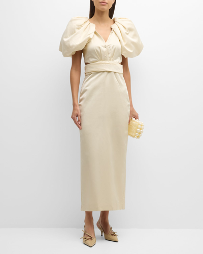 Shop Hellessy Indya Cape-sleeve Cutout Silk Maxi Dress In Ivory