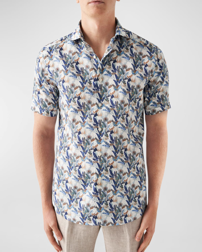 Shop Eton Men's Contemporary Fit Palm Print Linen Short-sleeve Shirt In Medium Blue